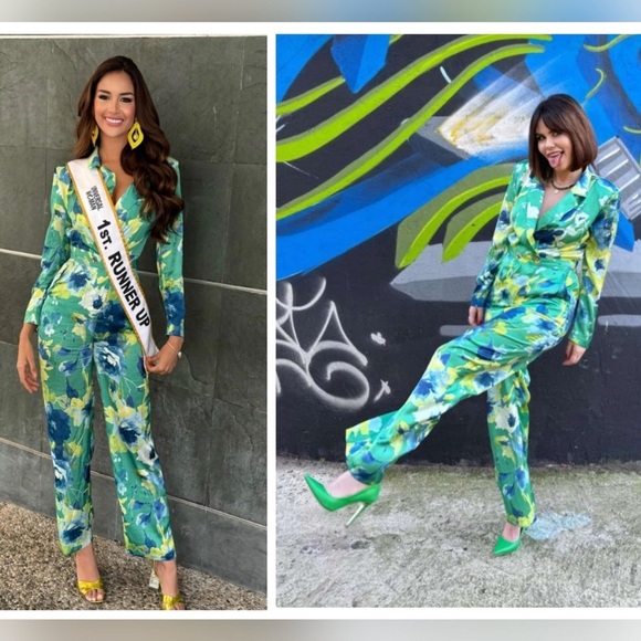 🦜 ZARA GREEN BLUE YELLOW FLORAL SATIN WIDE LEG LONG SLEEVE JUMPSUIT! - Picture 11 of 16